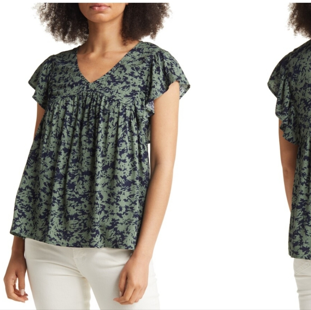 Caslon Popover Textured Flutter Sleeve Green‎ Top Size Small